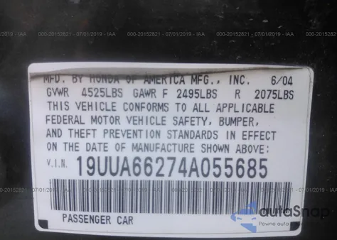 2004 Acura Tl из США, поврежденный, VIN 19UUA66274A055685